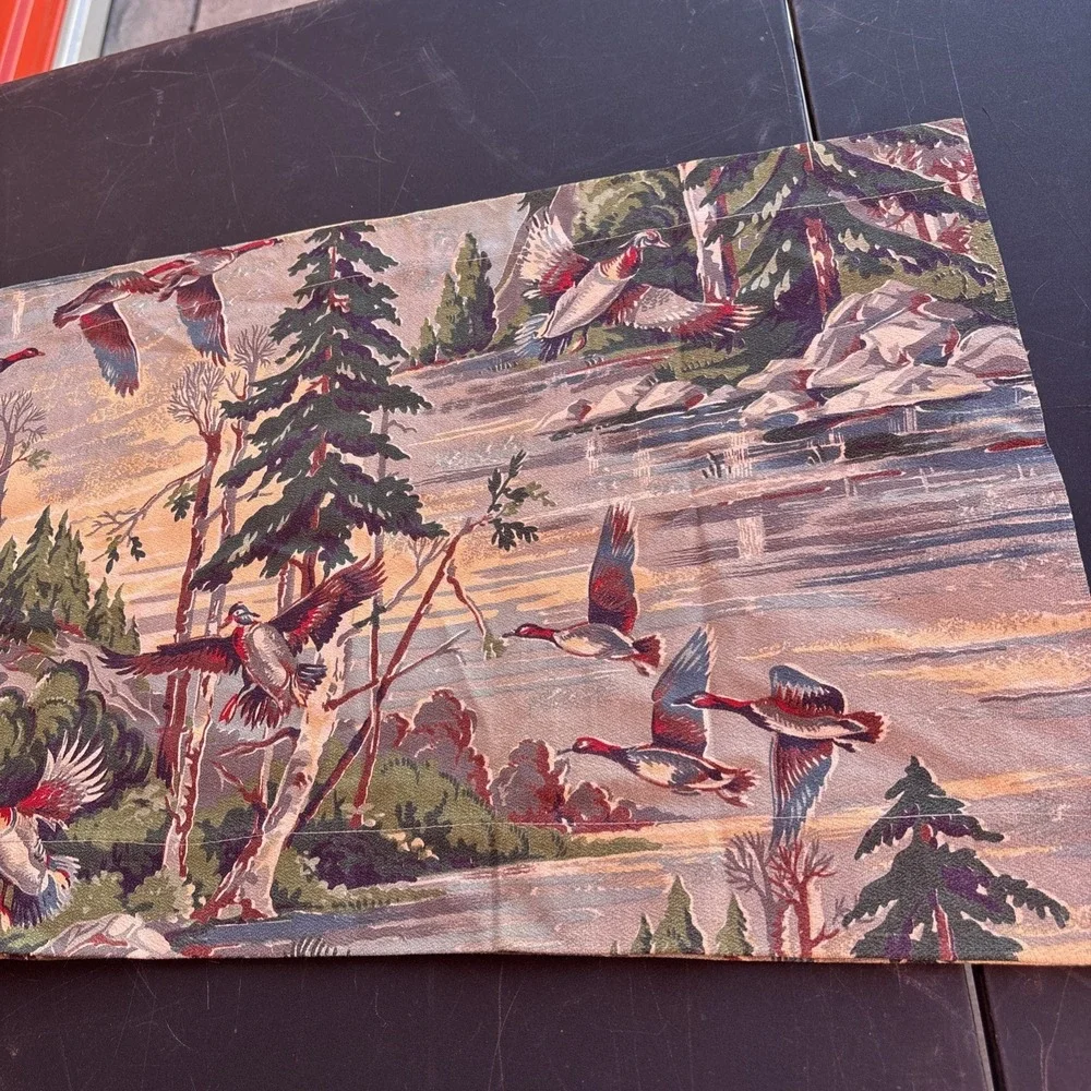 BAYOU 1940's Flying Geese Marshland Cabin Barkcloth Set 2 Fabric Curtain Panel